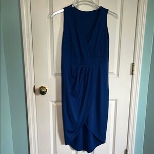 Blue Asymmetrical Ruched Midi Dress